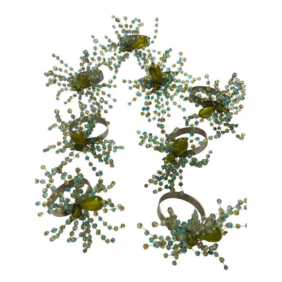 VINTAGE Pier One Beaded Napkin Rings Set Of 8 With Green & Blue Glass Beads - Picture 4 of 8